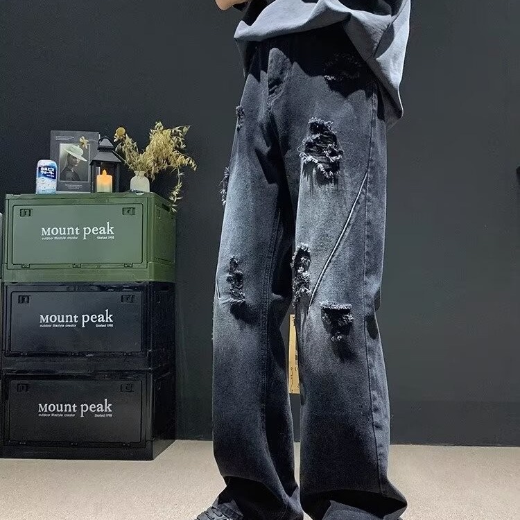 American high street slightly flared jeans for men's summer, a thin and trendy brand, straight-leg, distinctive, ripped vibe pants, 2024 new style details Picture