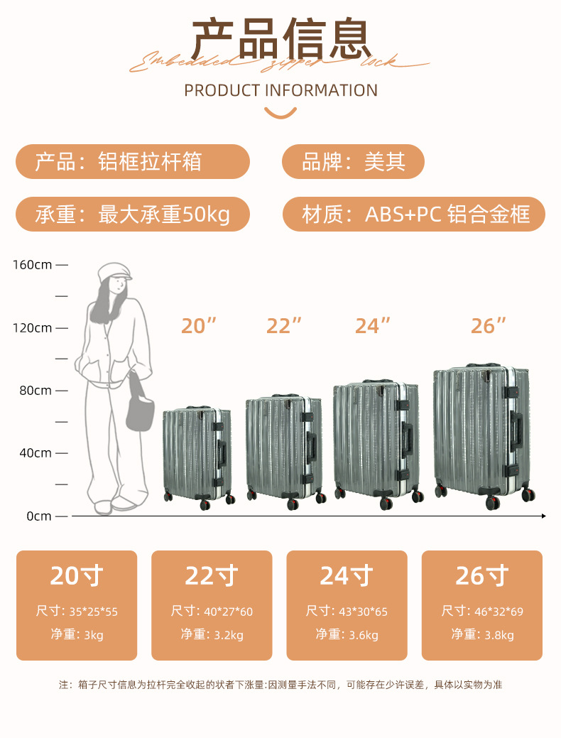 密码锁旅行箱万向轮静音拉杆箱加厚铝合金框抗压​PC+ABS行李箱详情4