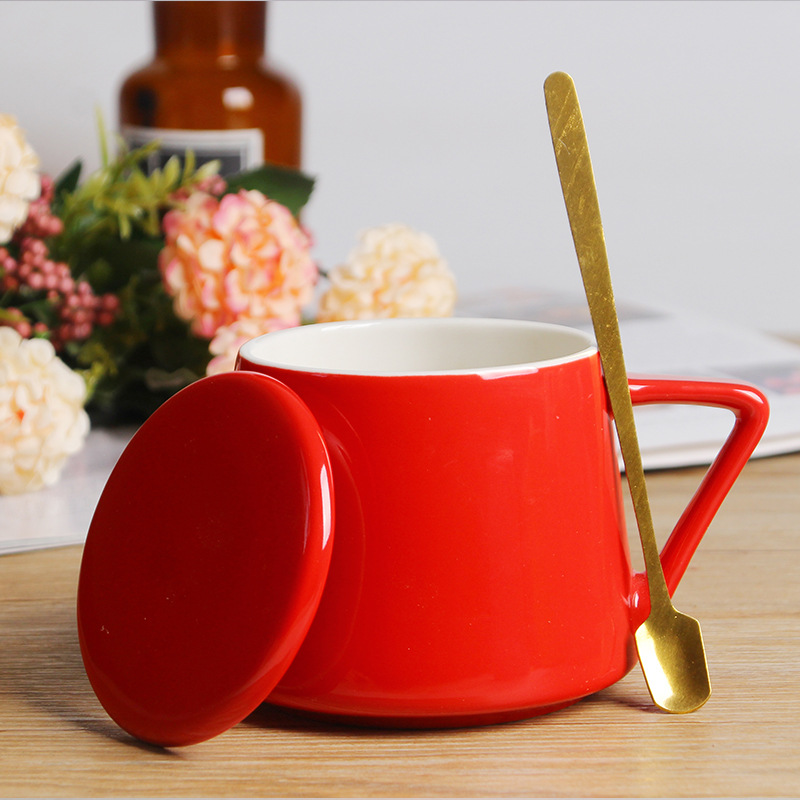 新款梯形杯马卡龙色系陶瓷马克杯印logo刻字带盖勺水杯大容量详情图4