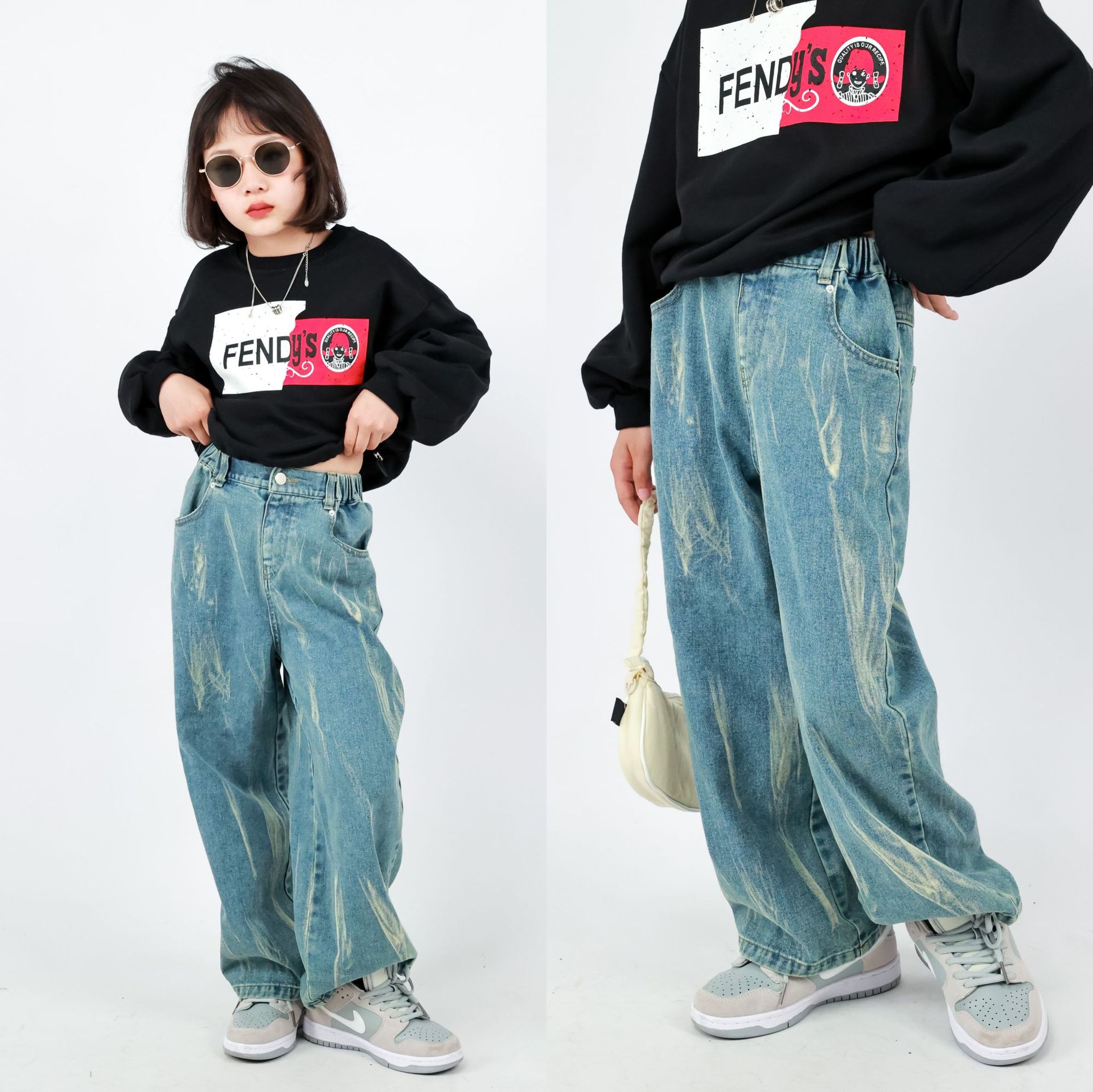 Girls' jeans, children's pants, 2022 Spring and Autumn new children's clothing, Korean style tie-dyed long pants, large and medium-sized children's wide-leg pants