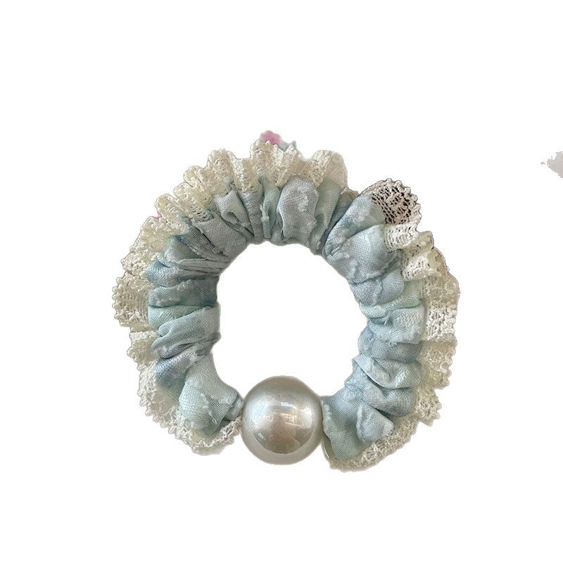 New Korean-style tie-dye lace hair band, sweet and girlish high-elasticity pearl ponytail headwear, high-elasticity elastic band hair accessory Item Picture