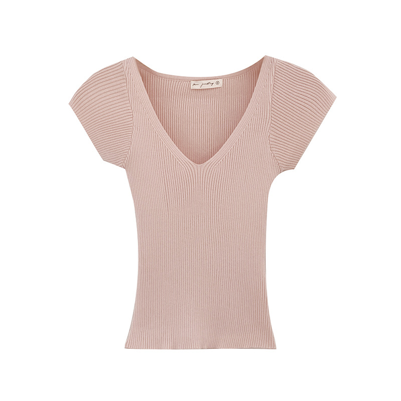 American V-neck off-the-shoulder short-sleeved knitted sweater for women's summer 2025 new style, a thin Korean-style gentle and slimming top Item Picture