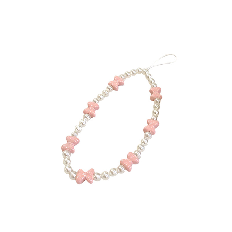 Pink Bow Cute Mobile Phone Chain Korean Fashion Pearl Beaded Bracelet Accessory Diy Mobile Phone Case Pendant Item Picture