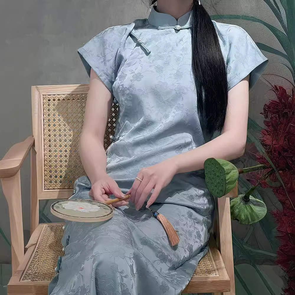 复古旗袍古法蓝色年轻款日常高端气质清冷感2024新款少女连衣裙女