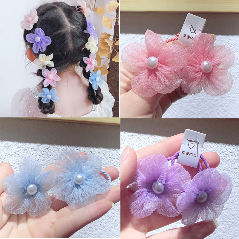 South Korea For Children's Hair Rope Organza Five-Petal Flower Hair Circle Girls Tie Headwear Does Not Hurt The Hair Red Cute