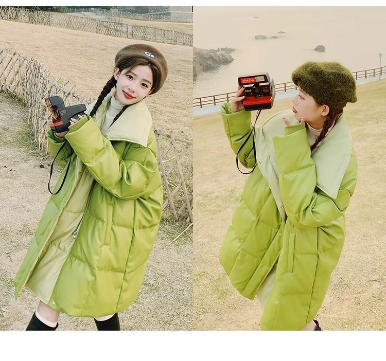 Aguacate verde pato blanco abajo PU piel abajo chaqueta para mujeres estilo mediano largo diseño de nicho sentido influencers estilo explosivo abrigo sin lavado pic 19