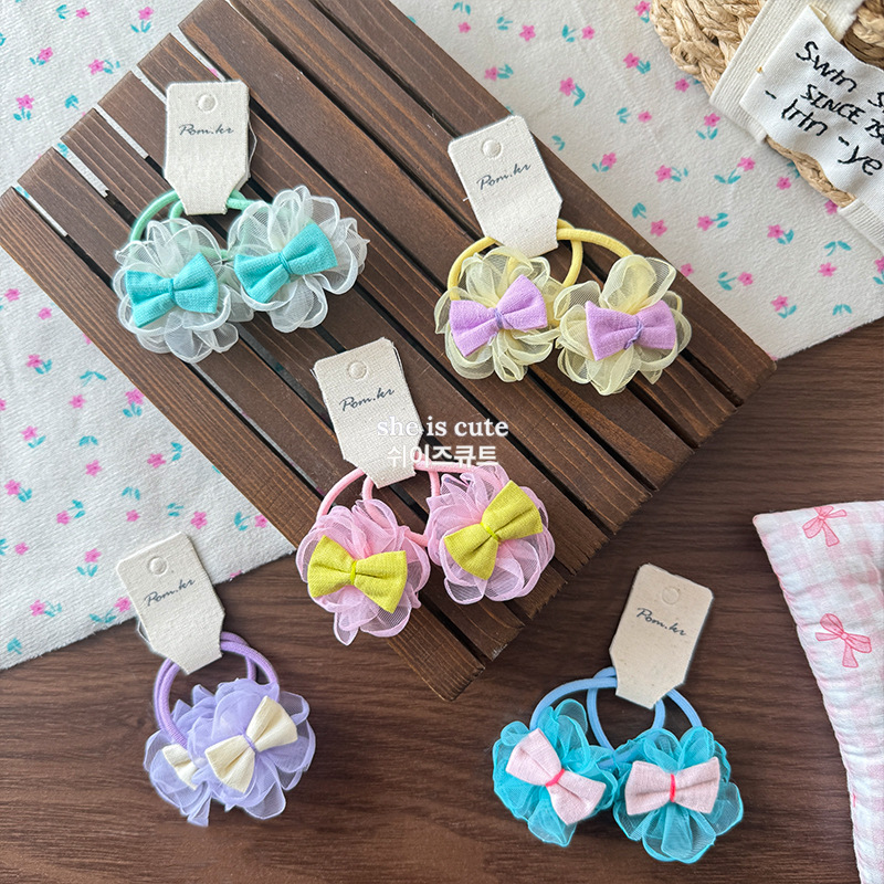 Korean blue lace mesh bow hair tie girls' hair rope Cute little girl tied in a ponytail rubber band Specification image