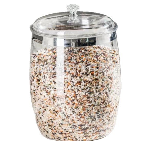 Waist-drum-shaped sealed PET rice bucket with steel ring, insect-proof and moisture-proof sealed bucket, food-grade transparent storage tank for coarse grains Item Picture