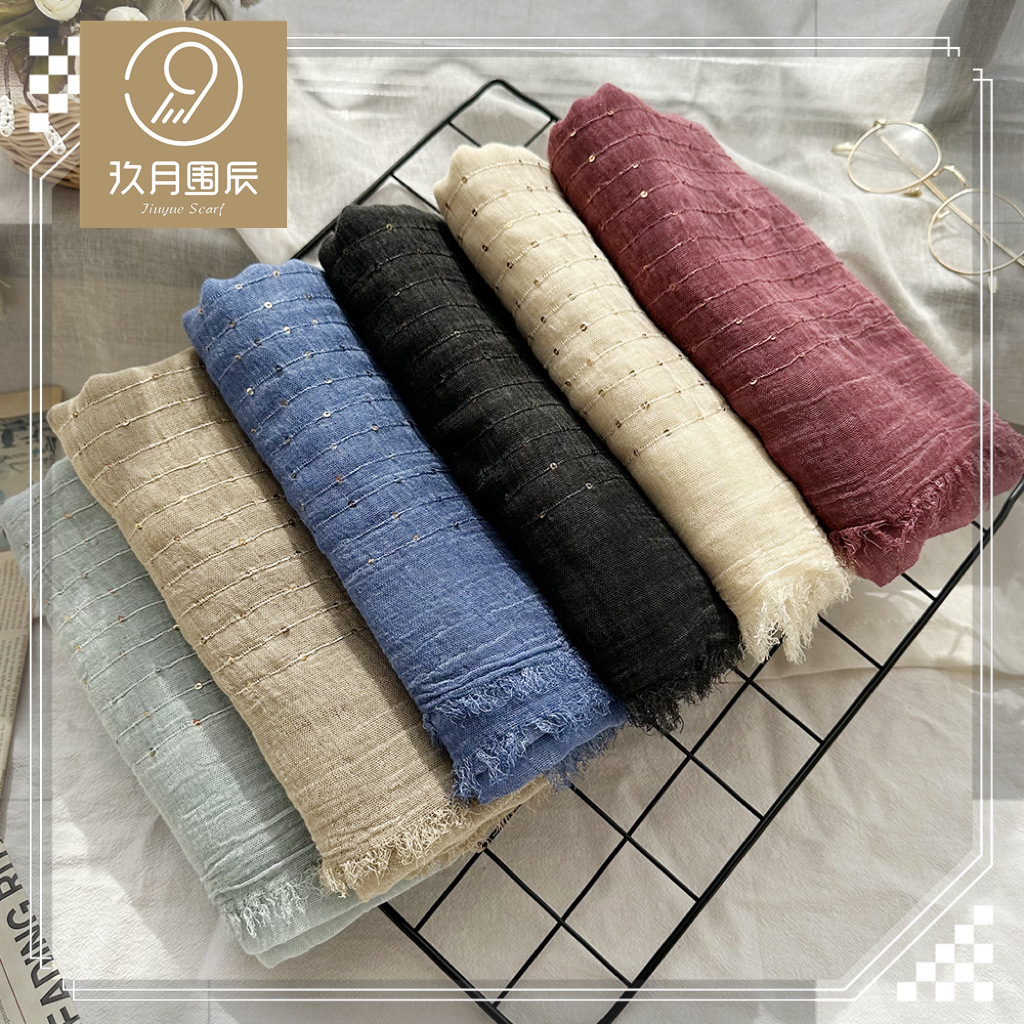 2024现货外贸人棉纯色围巾女跨境围巾脏染亮片muslim长方形包头巾