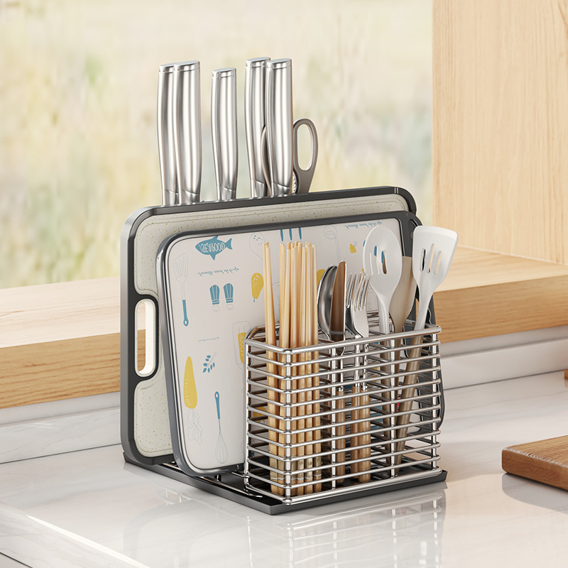 304 stainless steel kitchen knife rack, storage rack, chopstick cage, knife storage rack, cutting board rack, integrated rack, countertop knife seat details Picture