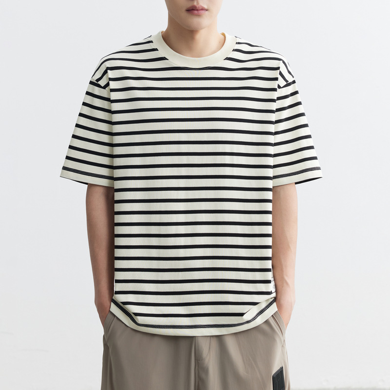 WOOG2005 Round-neck striped short-sleeved T-shirt for men, 2024 Summer New Trendy slightly Loose half-sleeved Sea Soul Body T-shirt details Picture