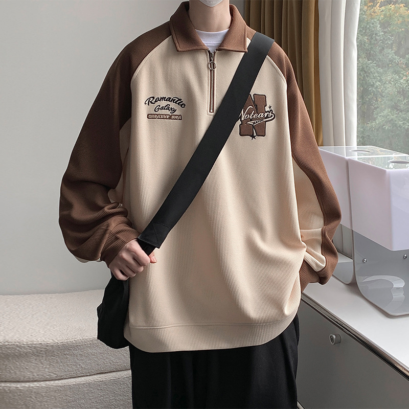 Matte embroidered color-blocking polo men's hoodie, American light luxury trendy academy spring and autumn casual and versatile men's top