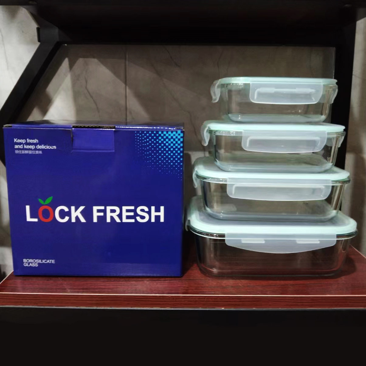 Rectangular Glass Crisper Square Bamboo And Wood Cover Lunch Box Round Lunch Box With Stomata 4-Piece Set Rs-201878