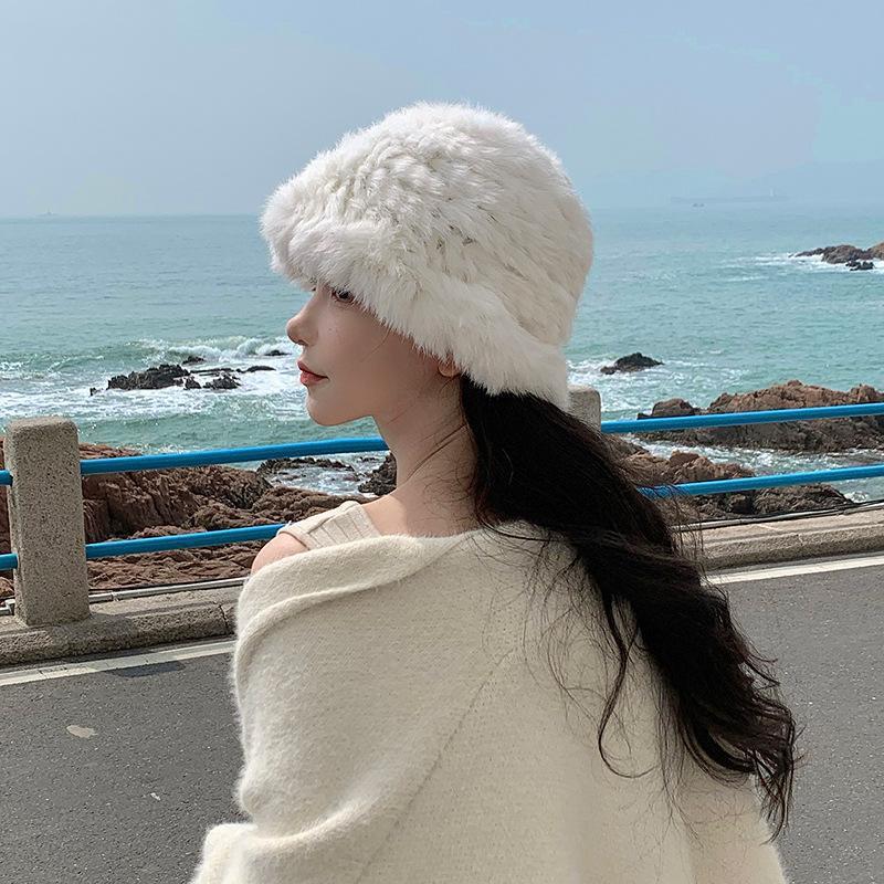 Rabbit fur hat for women in autumn and winter, white headwear, fluffy woolen hat, fisherman hat, elegant Korean-style basin hat details Picture