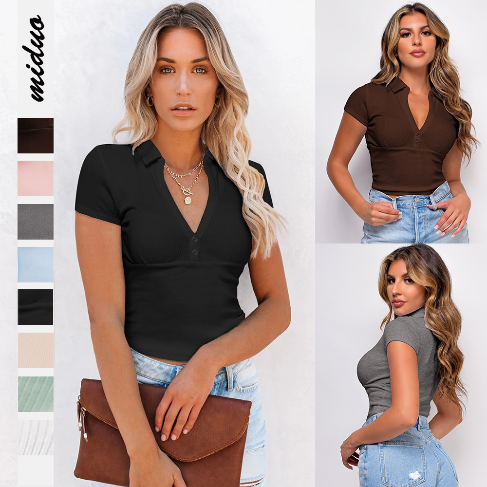 Moda europea y americana verano mujer retro chic recorte de la cintura sudadera corte corto polo manga corta casual camiseta top