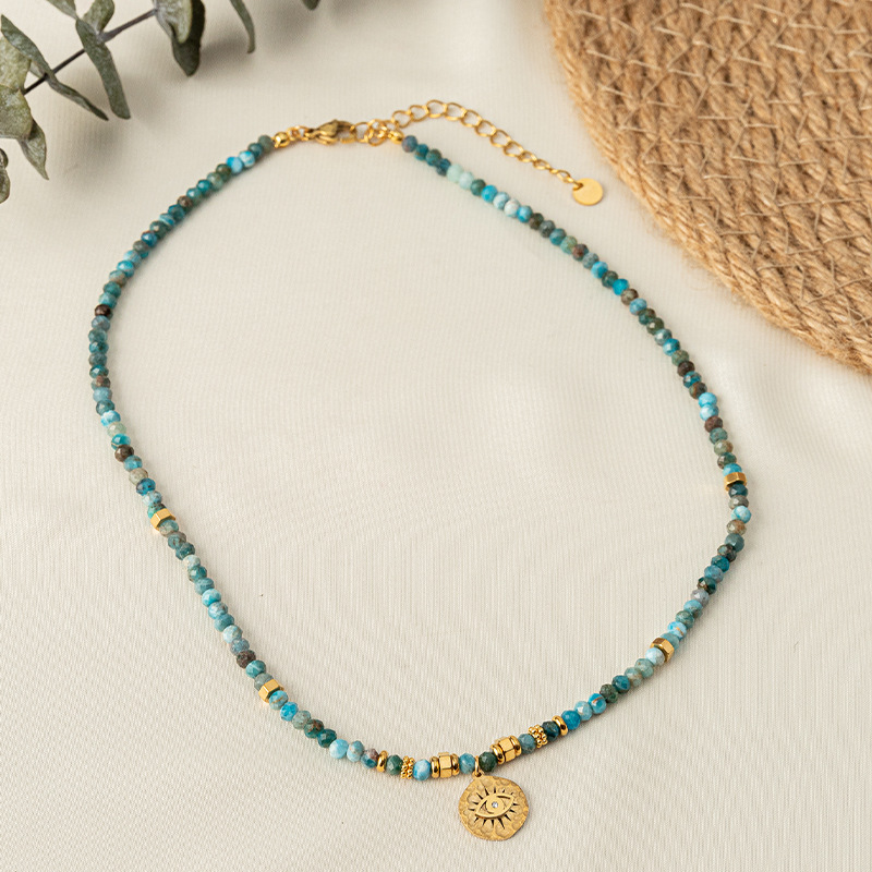 European And American Retro Natural Blue Apatite Beaded Necklace Demon Angel Eyes Pendant Natural Turquoise Collarbone Chain Specification drawing