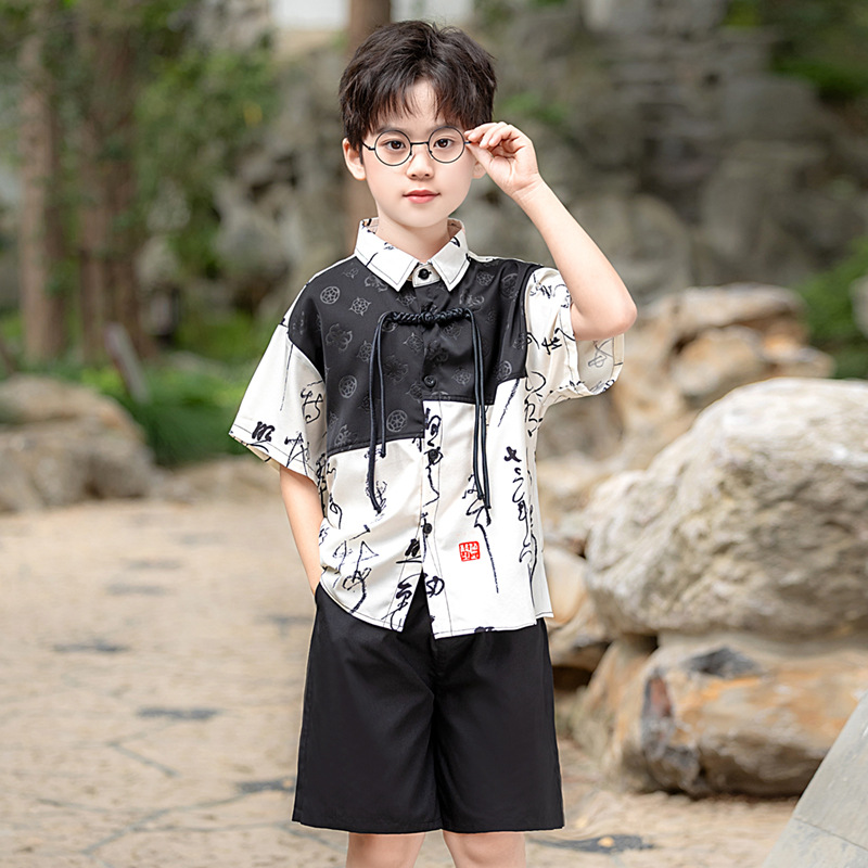 国潮男童古风汉服千字文短袖儿童新中式唐装男孩