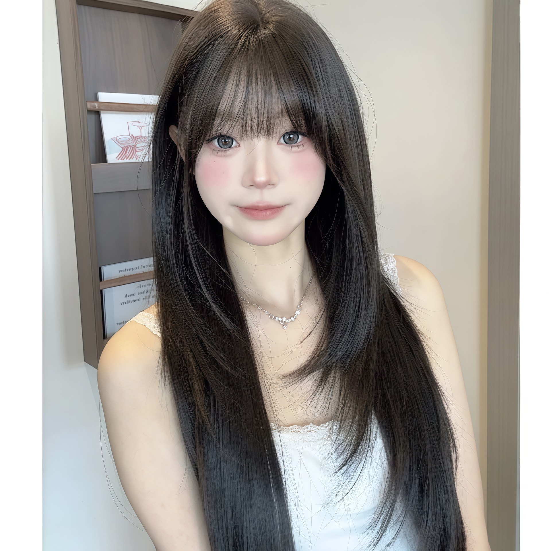 Full wig set for women, long straight black hair, simulated hair, air bangs, fluffy and natural, daily full wig set
