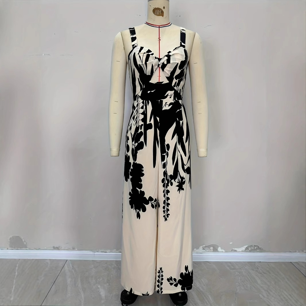 European and American cross-border ethnic style printed, cinched waist jumpsuit with knot design, casual vacation style women's jumpsuit Specification image