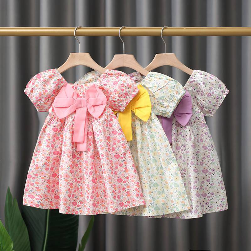 Summer pure cotton floral puffed-sleeve children's princess dress, summer short-sleeved dress for baby girls Specification image