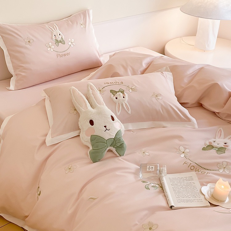 A fresh and girlish little rabbit 100S long-staple cotton bed sheet four-piece set, all-cotton pure cotton quilt cover, naked sleeping bedding