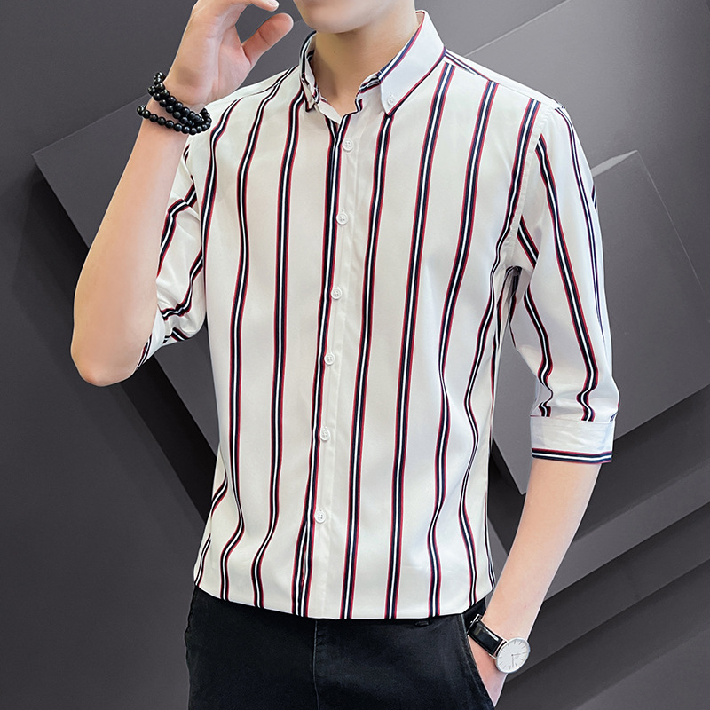Summer new three-quarter sleeve men's shirt, vertical striped shirt with lapel, business inner layer, young short-sleeved shirt for men Application Scenario