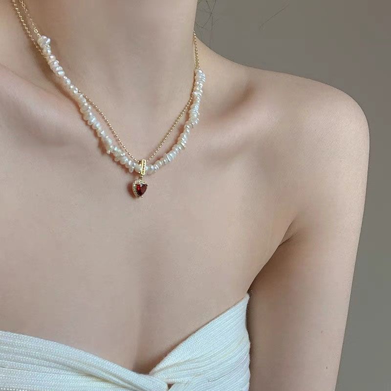 法式红色爱心珍珠项链甜美氛围感赫本风复古双层淡水珍珠饰品女图