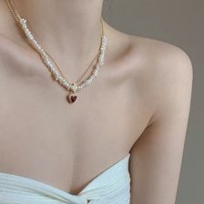 法式红色爱心珍珠项链甜美氛围感赫本风复古双层淡水珍珠饰品女