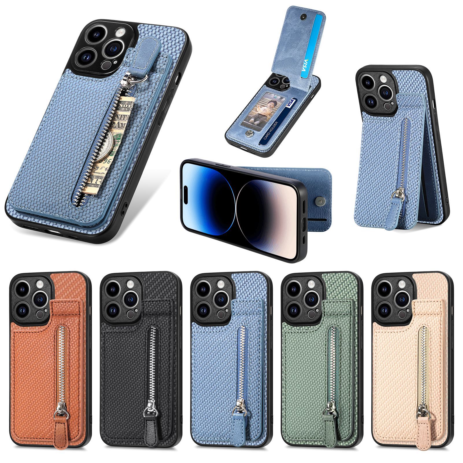 Apple 16Pro Case Multi-Function Card Wallet Holder Zipper Magnetic Iphone14 Case