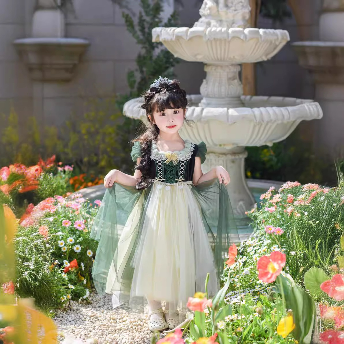 Anna's birthday princess dress for girls, summer style, glowing and stylish girls' chiffon dress, high-end New Year children's dress, puffy dress