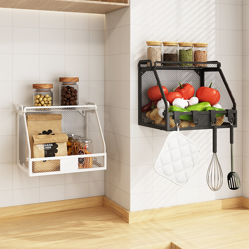 Factory-customized wall-mounted folding storage basket, ironwork stacked kitchen sundries, desktop, cosmetics and fruit storage rack