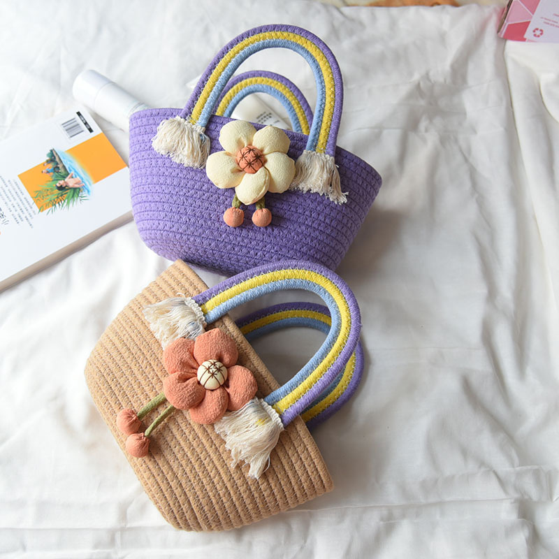 Korean Version Of The Trend Cotton Rope Hand Bag Network Red With Foreign Handbag Small Fresh Flowers Straw Bag Rainbow Handle Application Scenario