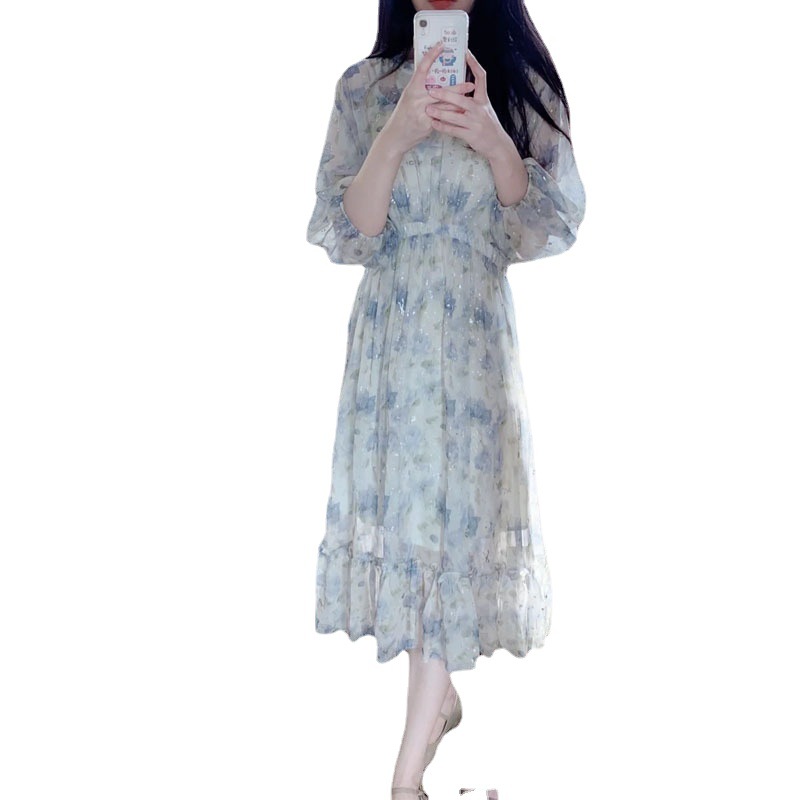 连衣裙2022新款小香风小众设计法式蓝色仙女碎花连衣裙子早春代发详情图5