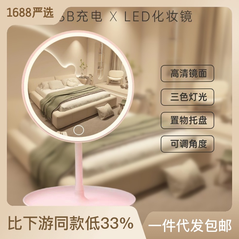 LED化妆镜圆形带灯充电款台式梳妆镜补光灯便携可拆卸学生宿舍镜