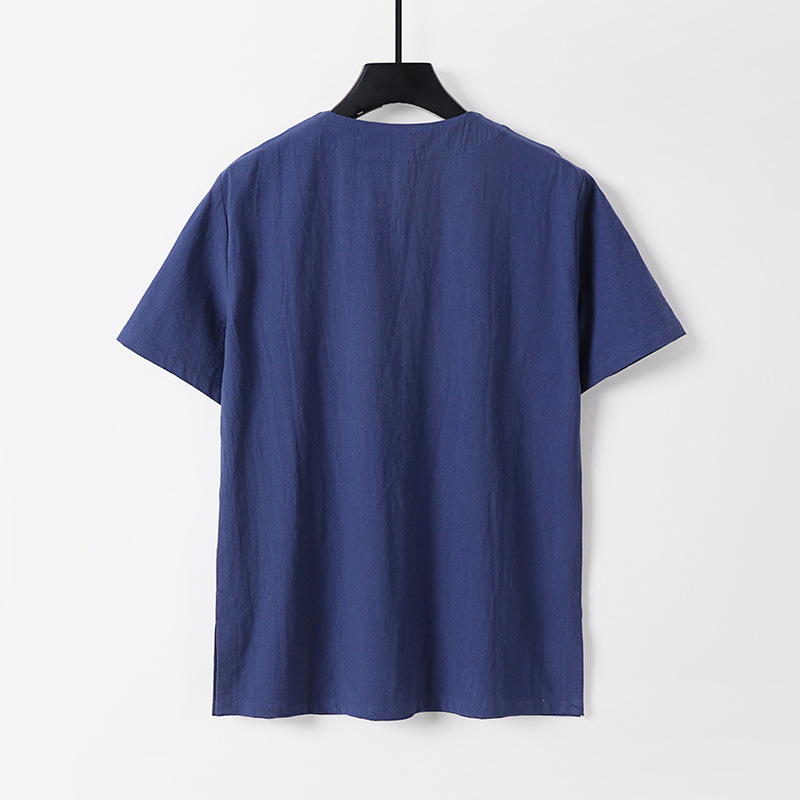 Chinese-style large-sized button-down cotton and linen short-sleeved shirt, Chinese Zen-inspired tea suit, summer loose linen T-shirt, men's undershirt Item Picture