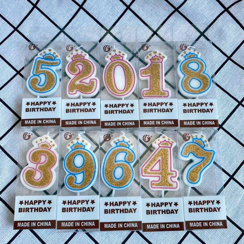 生日蛋糕数字蜡烛0-9金粉蓝皇冠印刷派对生日蜡烛