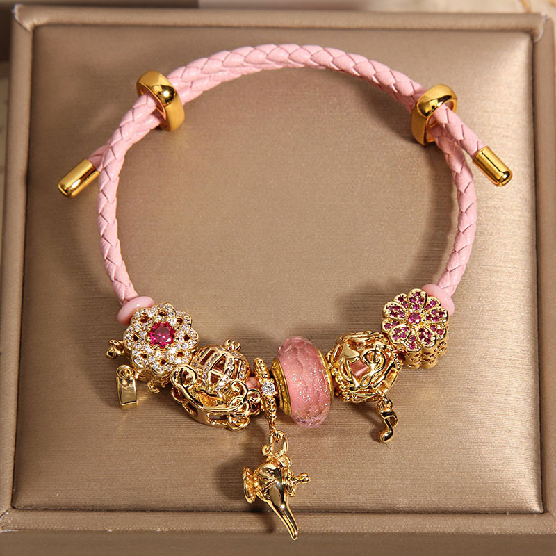 Pan estilo rosa cuerda de cuero aladdin lámpara mágica pulsera mujeres ins nicho ligero lujo alto sentido pulsera de flores mano cadena