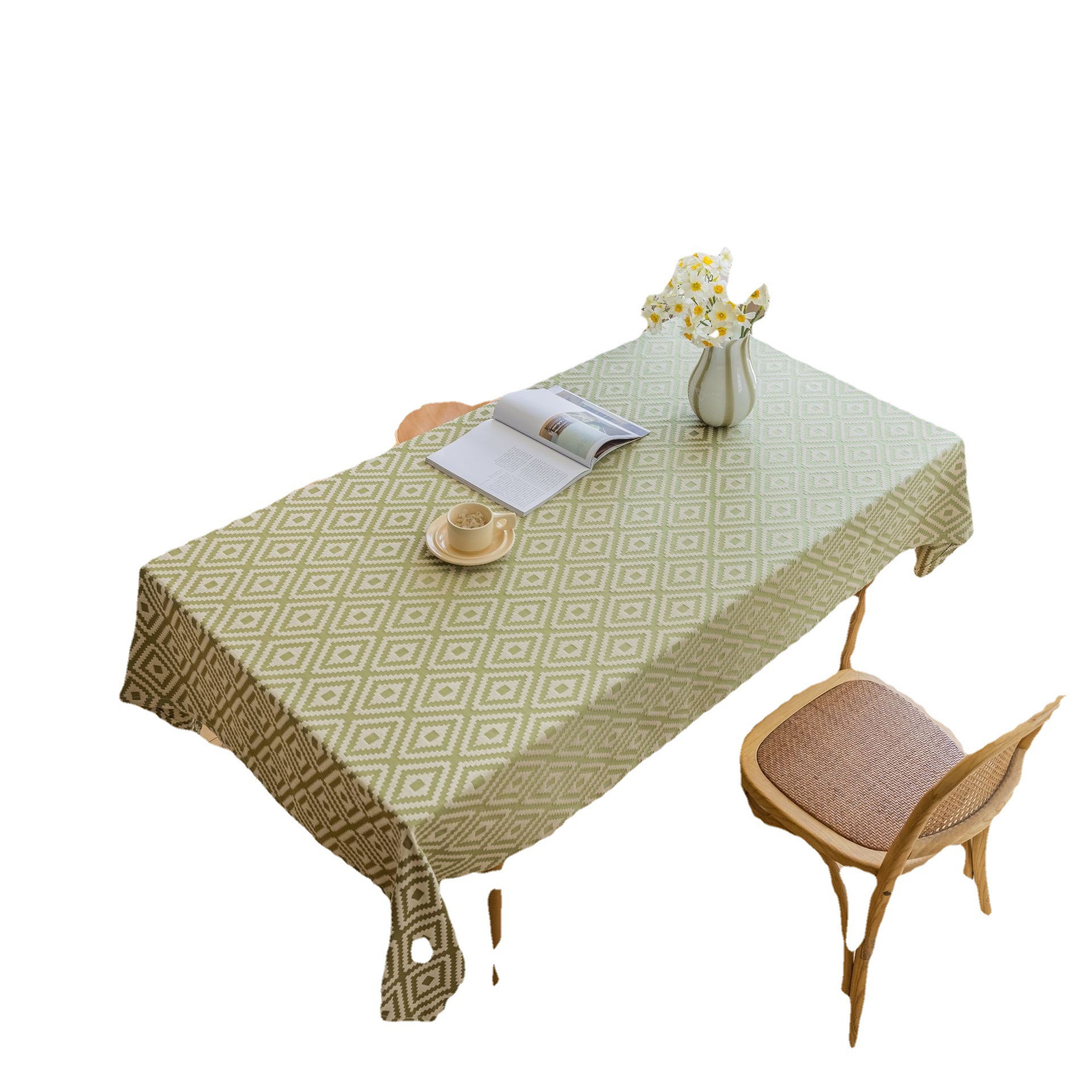 Modern, simple, fashionable, creative, elegant and high-end jacquard diamond-shaped tablecloth, green tassel tablecloth, American country household dining table and coffee table, direct supply from the manufacturer Item Picture
