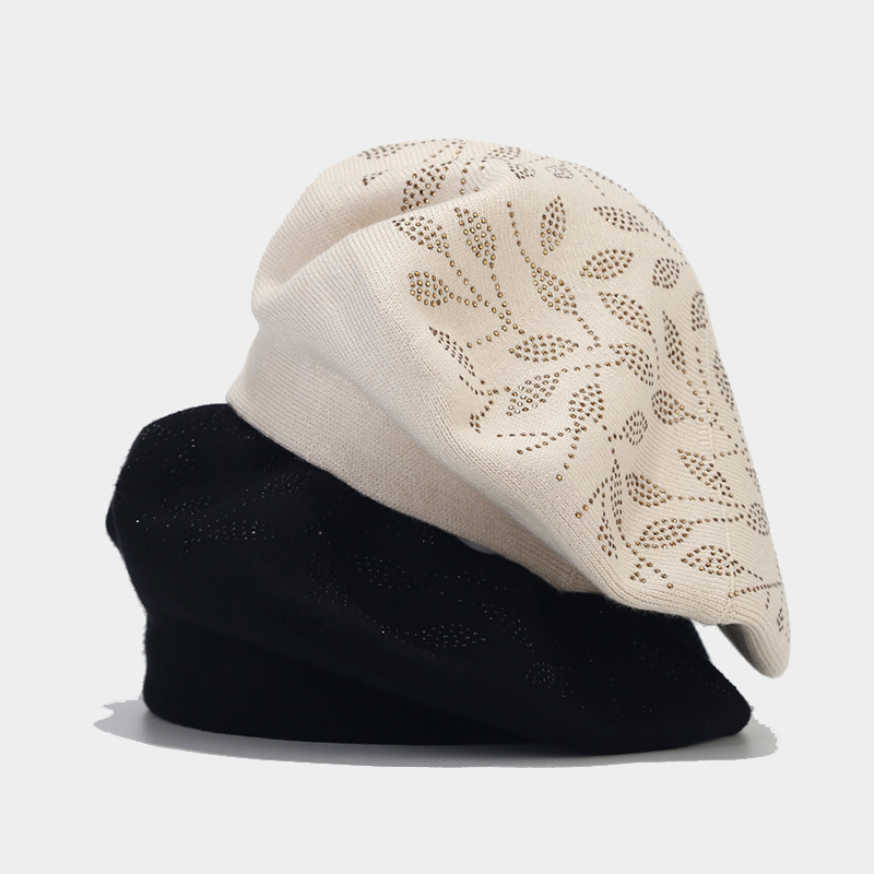 Amazon's new hot diamond knitted beret for women, artistic and retro solid color fashionable painter's hat, autumn and winter bud hat details Picture
