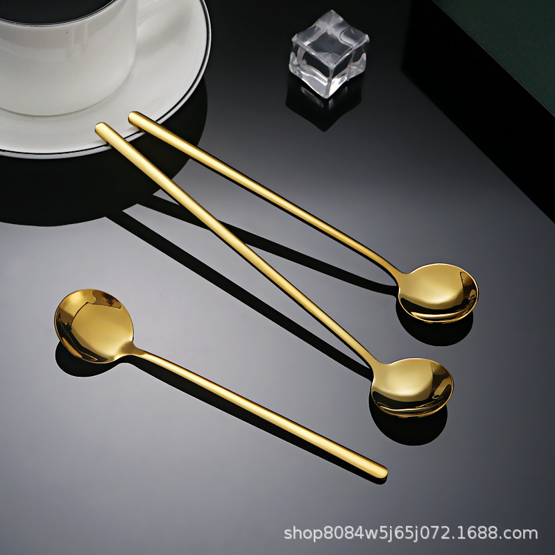 304 Stainless Steel Golden Small Round Spoon, Coffee Spoon, Long-Handled Bird's Nest Spoon, Stirring Spoon, Household Dessert Spoon, Honey Spoon details Picture