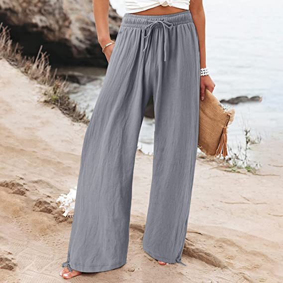 2023 Amazon TEMU European and American Cross-border Summer Loose Casual Pants Solid Color drawstring Women's wide-leg beach pants details Picture