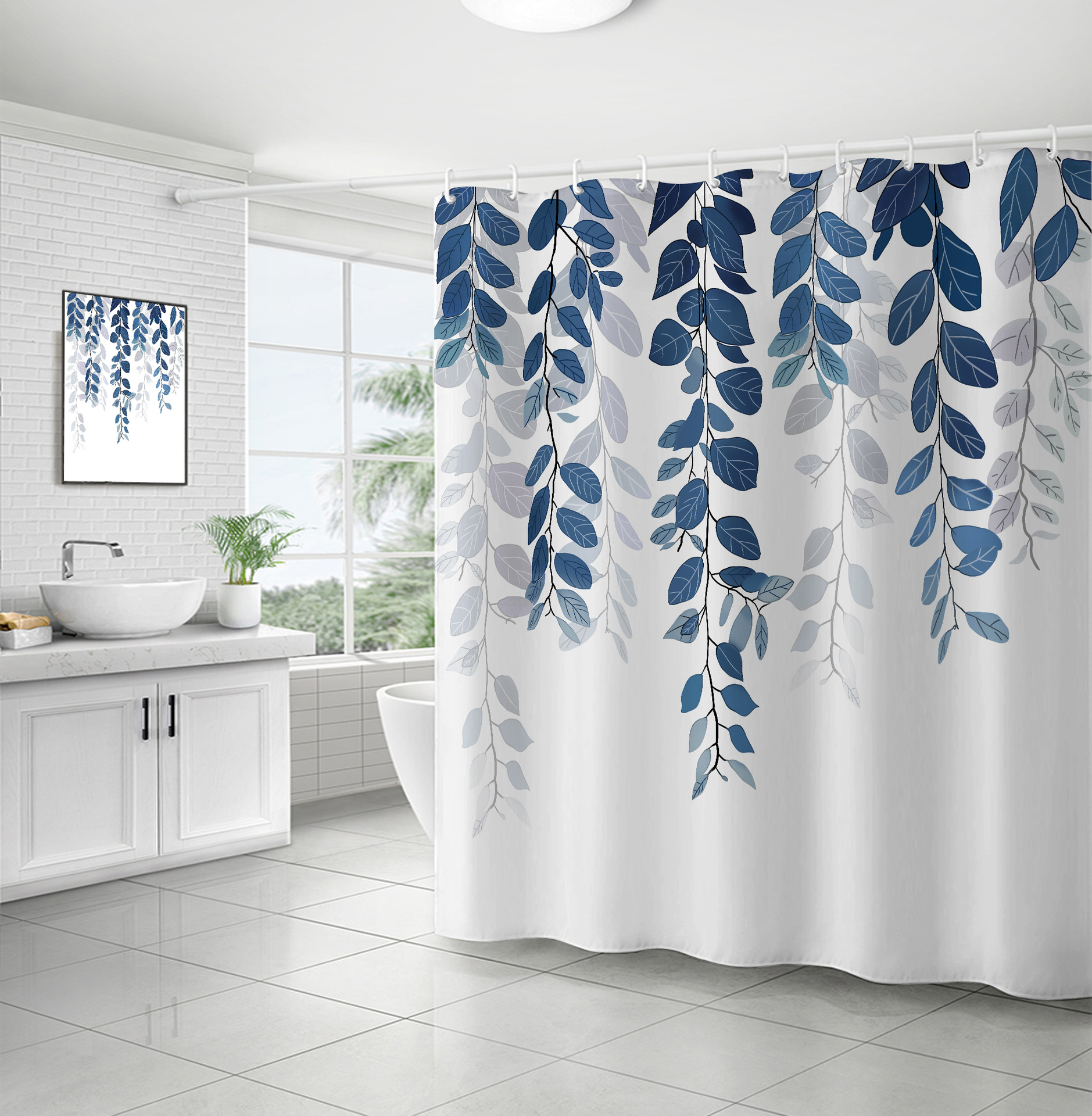 Cross-border plant flower digital polyester waterproof shower curtain Bathroom four-piece waterproof shower curtain dry and wet separation five-piece set details Picture