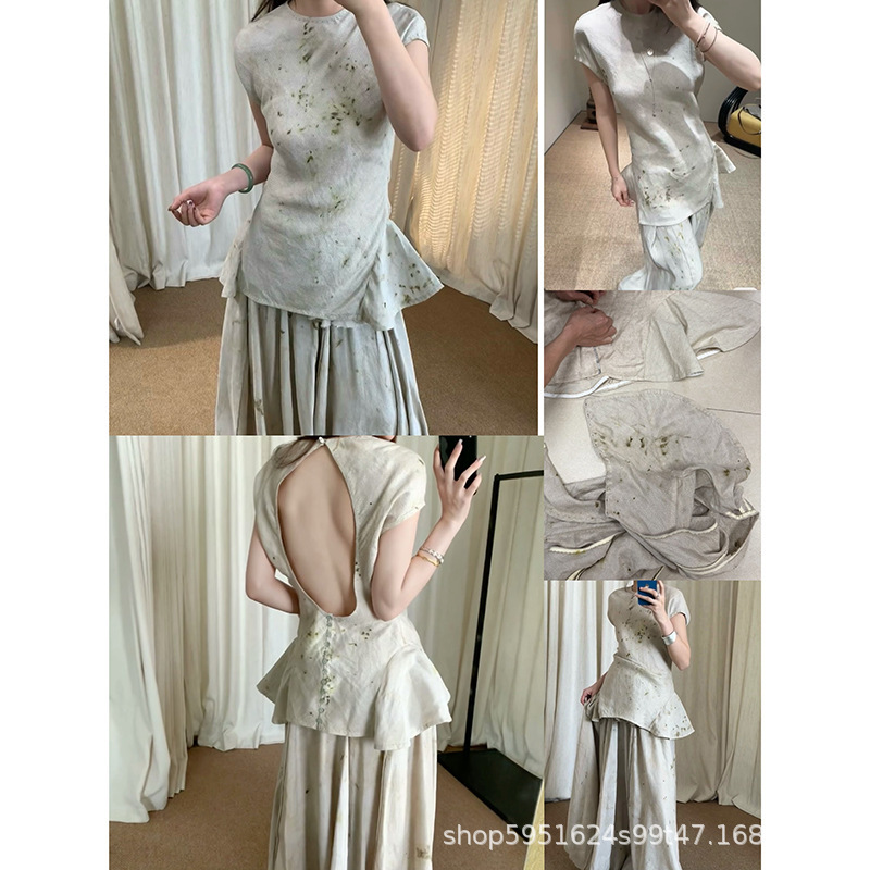 高品质MUT25SS脏白色植物印染真丝露背圆领短袖T恤上衣女潮牌