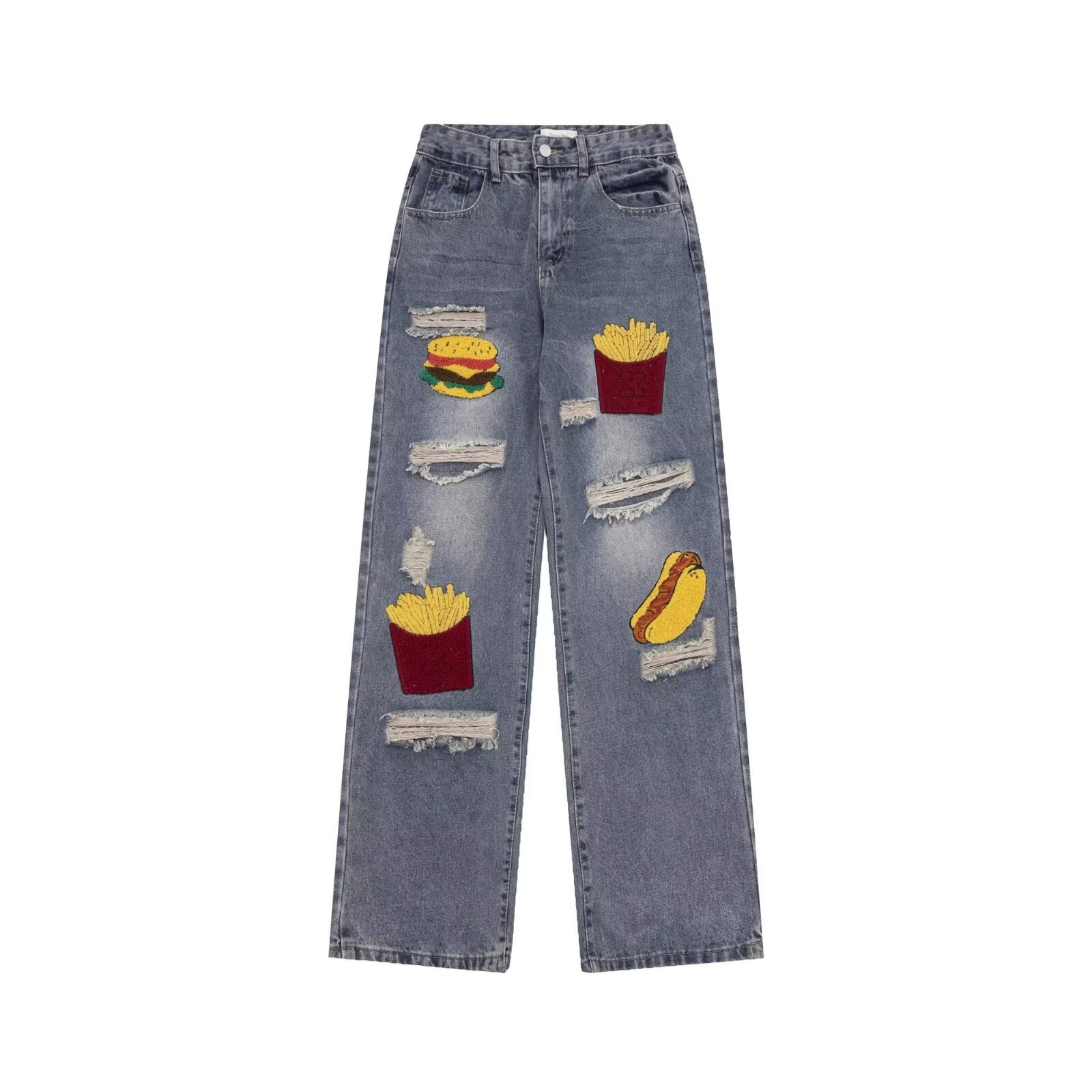 2024 New niche design cartoon patch patch straight-leg jeans for men, loose and versatile couple wide-leg pants Item Picture