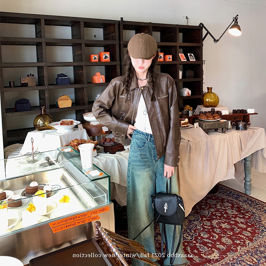 aaaaxbbb 鲁门啤酒厂 休闲慵懒感黑色短款皮衣复古百搭棕色外套女