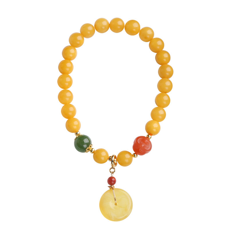 Original design 7MM natural amber single-loop bracelet, amber hanging safety buckle bracelet, retro Chinese style women's jewelry Item Picture