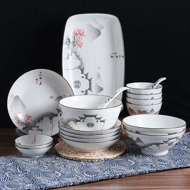 梦江南 中国风复古陶瓷盘子餐具餐盘菜盘家用早餐盘水墨风批发
