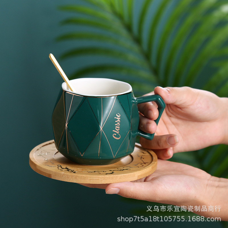 Mug Nordic Fashion Diamond Gold Gold Coffee Cup Wooden Dish Light Luxury Creative Tracing Gold Ceramic Brick Cup With Spoon Specification drawing