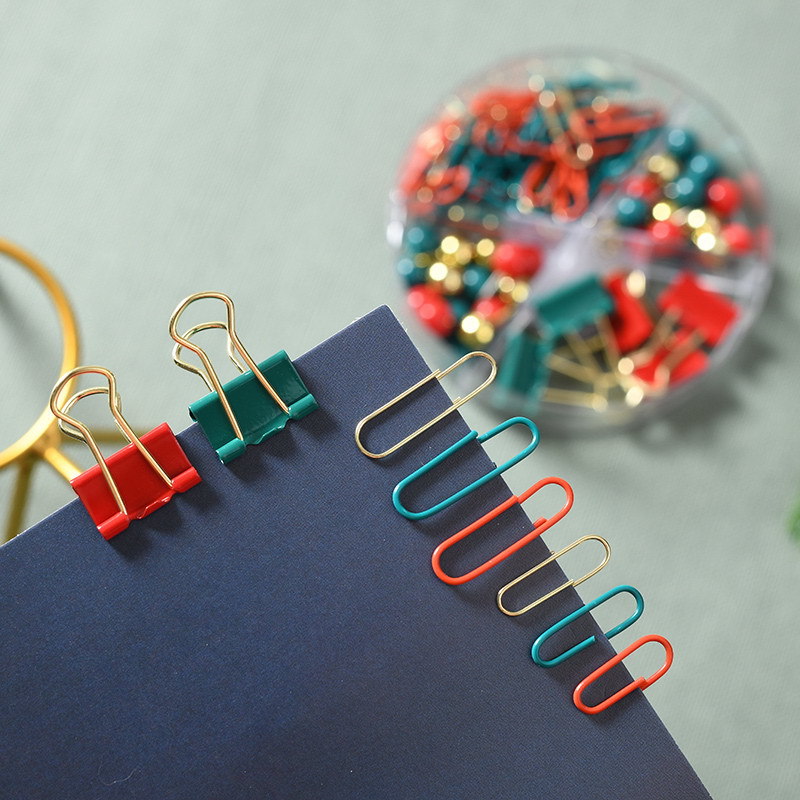 Christmas creative paperclip, long-tail clip, four-compartment round box stationery set, red, green and gold cultural and creative binding gift Specification image