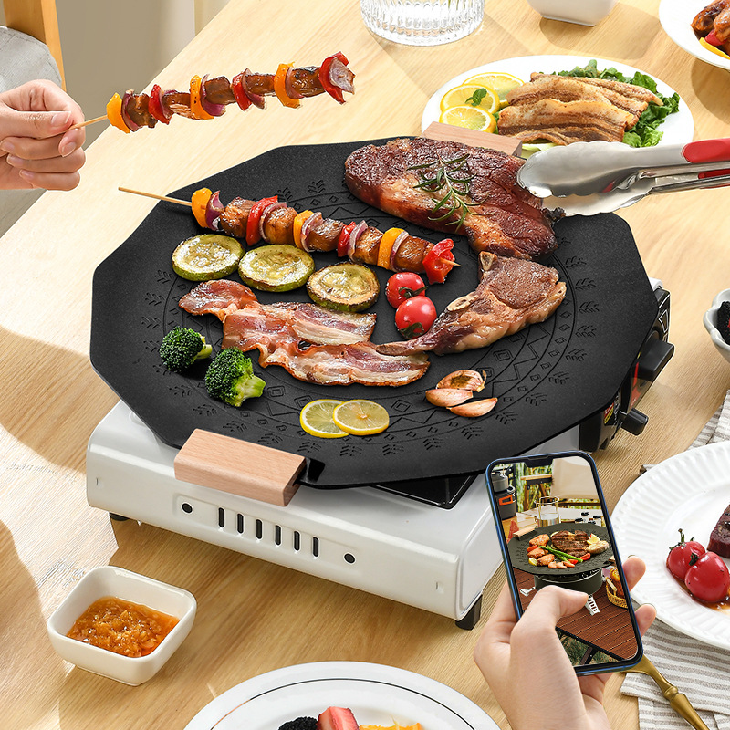 Korean-style portable outdoor camping barbecue grill, tourmaline non-stick smokeless grill, induction cooker and gas dual-purpose barbecue grill details Picture